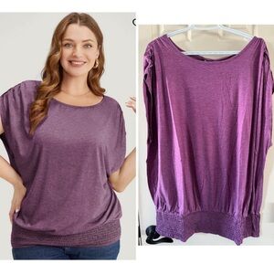 Solid Ruched Batwing Sleeve Shirred Hem T-shirt